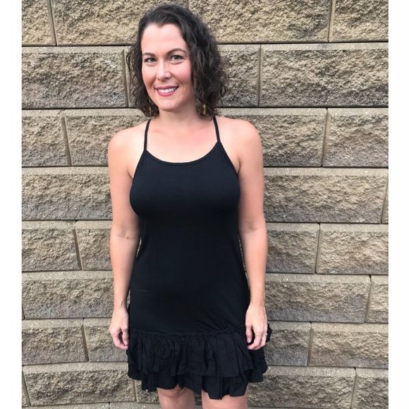 Black Double Ruffle Dress Extender Slip Convertible Strap Tiered Layered Slip - Picture 7 of 8